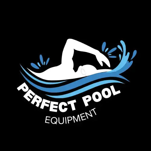 Logo for Perfect Pool Equipment featuring a swimmer and water waves in blue and white colors.