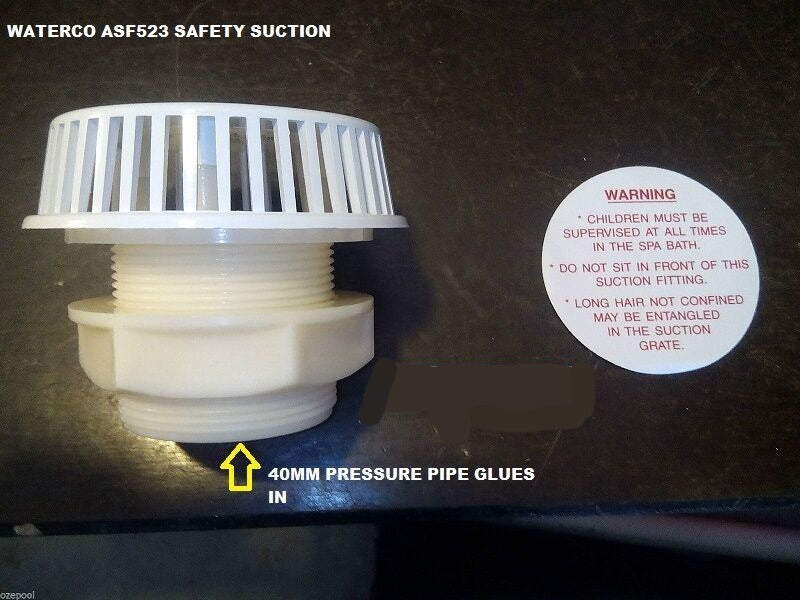 Waterco SPA Suction, 40mm NB pipe. Thru wall with back nut safety label